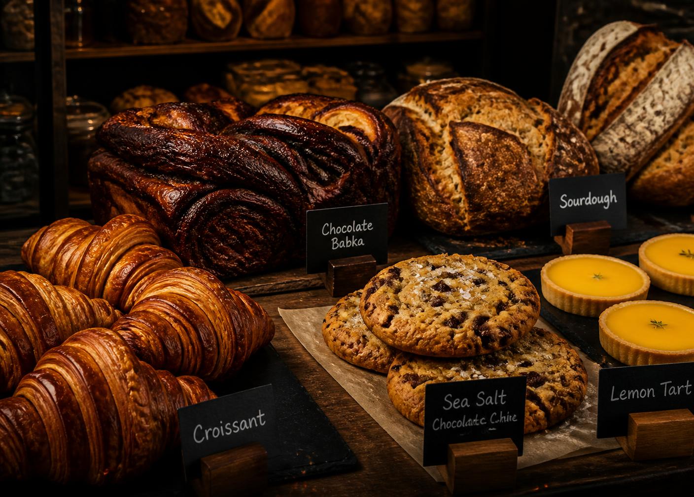 Black Rooster Bakery counter with croissants, babka, sourdough, cookies and lemon tarts