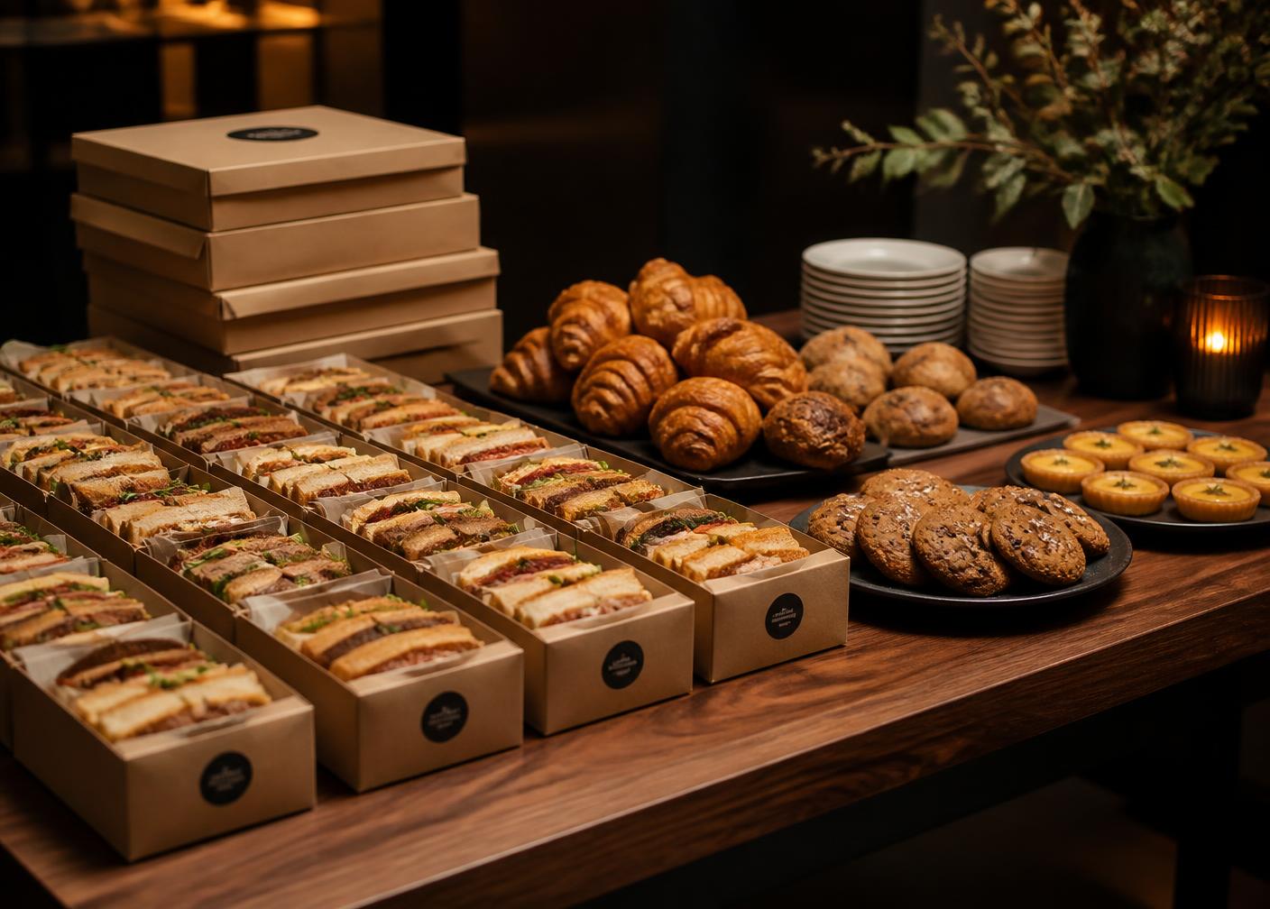 Catering table of individual boxed lunches with deli sandwiches and platters of croissants, cookies and tarts